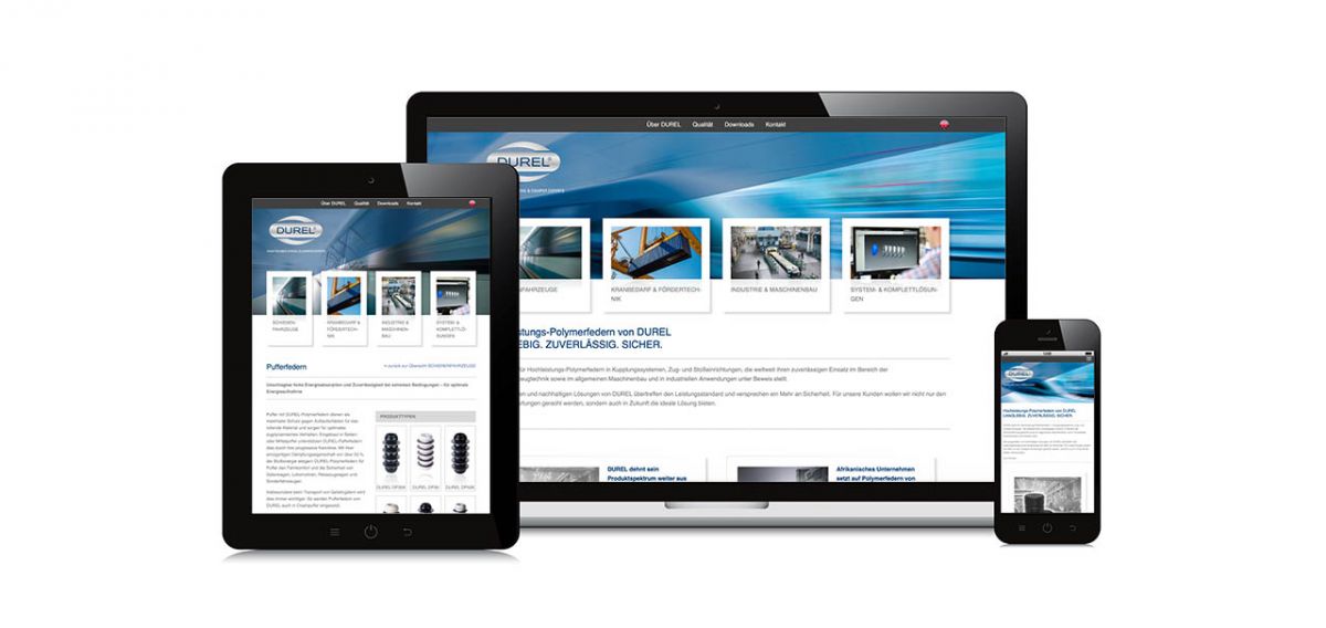 Responsive Website der DUREL GmbH DUREL GmbH, responsive Website, zweisprachig, polymerfeder, Puffer, Puffersysteme, Züge, Waggons, Schienenfahrzeuge, Industrie